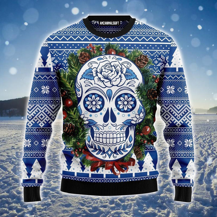 Awesome Sugar Skull Ugly Christmas Sweater, Flower Wreath Christmas Ugly Sweater For Men & Women - Perfect Gift For Christmas, Family, Friends