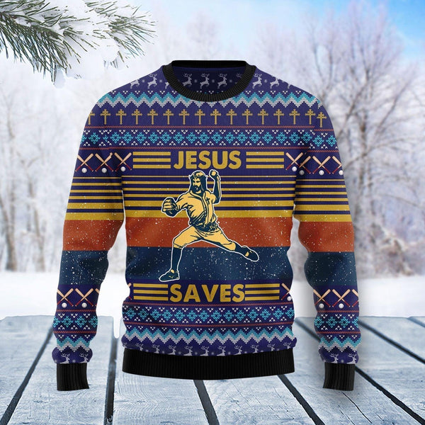 Baseball Funny Jesus Save Ugly Christmas Sweater | Adult | US2722