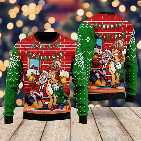 Funny Santa Drink Beer With Reindeer Ugly Christmas Sweater | Adult | US2718