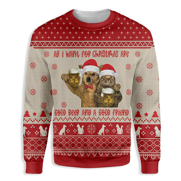 Cat All I Want For Christmas Are Good Beer And A Good Friend Ugly Christmas Sweater | Adult | US2710