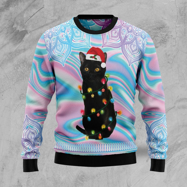 Black Cat Hologram Ugly Christmas Sweater | Adult | US2771