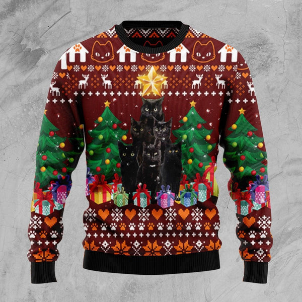 Black Cat Pine Tree Ugly Christmas Sweater | Adult | US2696