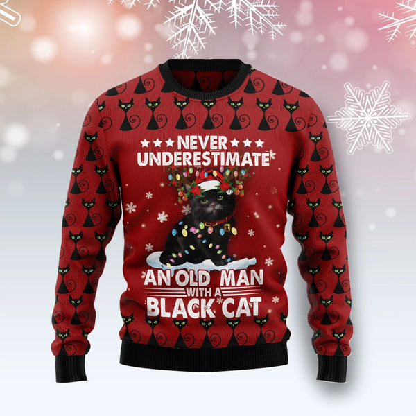 Black Cat Old Man Ugly Christmas Sweater | Adult | US2694