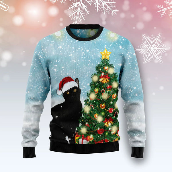 Black Cat Noel Tree Ugly Christmas Sweater | Adult | US2768