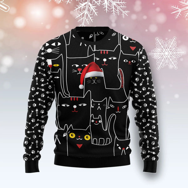 Black Cat With Noel Hat Ugly Christmas Sweater | Adult | US2759