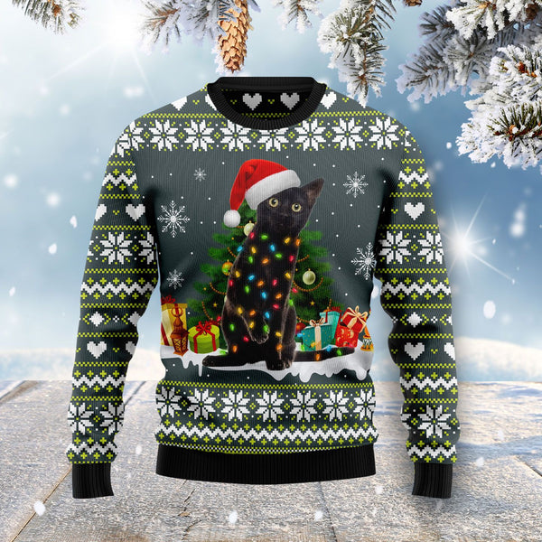 Black Cat Merry And Bright Ugly Christmas Sweater | Adult | US2757