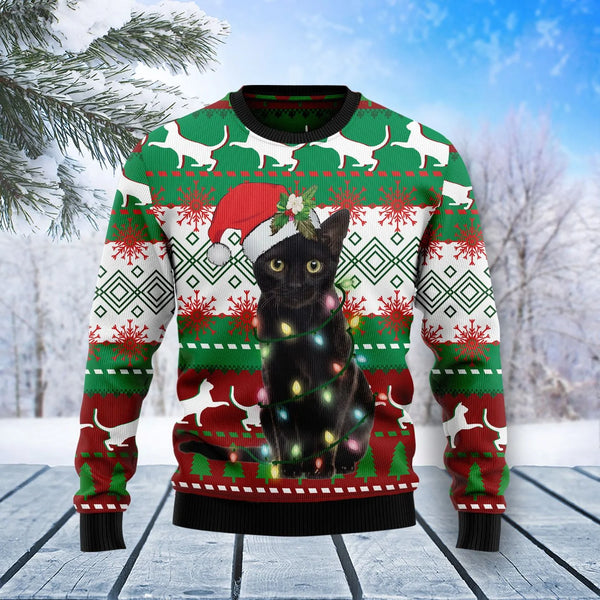 Black Cat Light Christmas Ugly Christmas Sweater | Adult | US2691