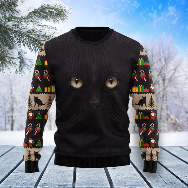 Black Cat Cute Face Ugly Christmas Sweater | Adult | US2690