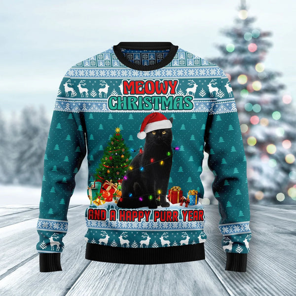 Black Cat Meowy Christmas And A Happy Purr Year Ugly Christmas Sweater | Adult | US2688