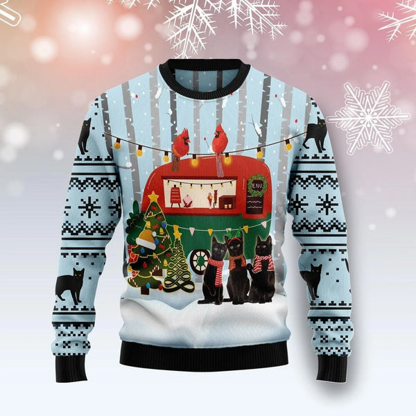 Black Cat Love Camping Ugly Christmas Sweater | Adult | US2685