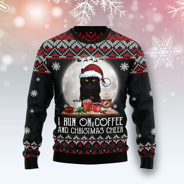 Black Cat Run On Coffee Ugly Christmas Sweater | Adult | US2750