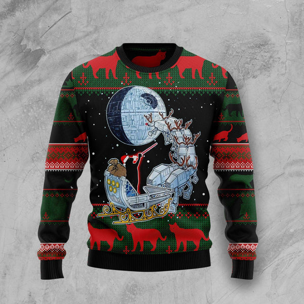 Black Cat Sleigh To Death Star Ugly Christmas Sweater | Adult | US2748