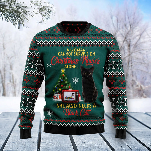 Black Cat Christmas Movie Ugly Christmas Sweater | Adult | US2682