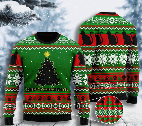 Black Cat Meowy Christmas Tree Ugly Christmas Sweater | Adult | US2681