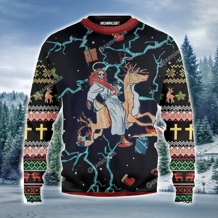 Jesus Ugly Christmas Sweater, Jesus Riding Reindeer Black Christmas Ugly Sweater For Men & Women - Perfect Gift For Christmas, Christian, Friends