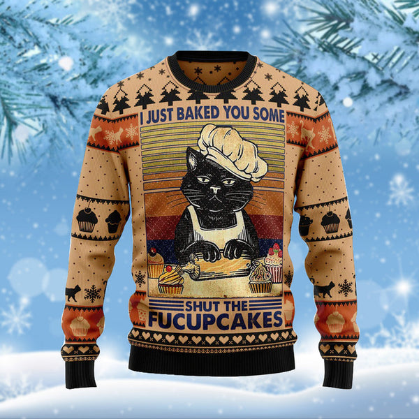 Funny Cat Bakes Cake Ugly Christmas Sweater | Adult | US2604