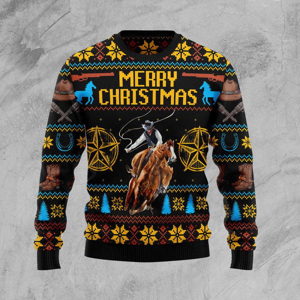 Cowboy Merry Christmas Funny Ugly Christmas Sweater | Adult | US2606