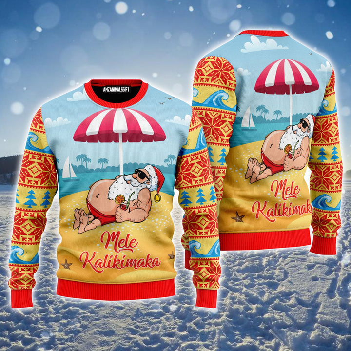 Santa Claus Mele Kalikimaka Beach Ugly Christmas Sweater, Christmas Pattern Ugly Sweater For Men & Women - Perfect Gift For Christmas, Friend, Family