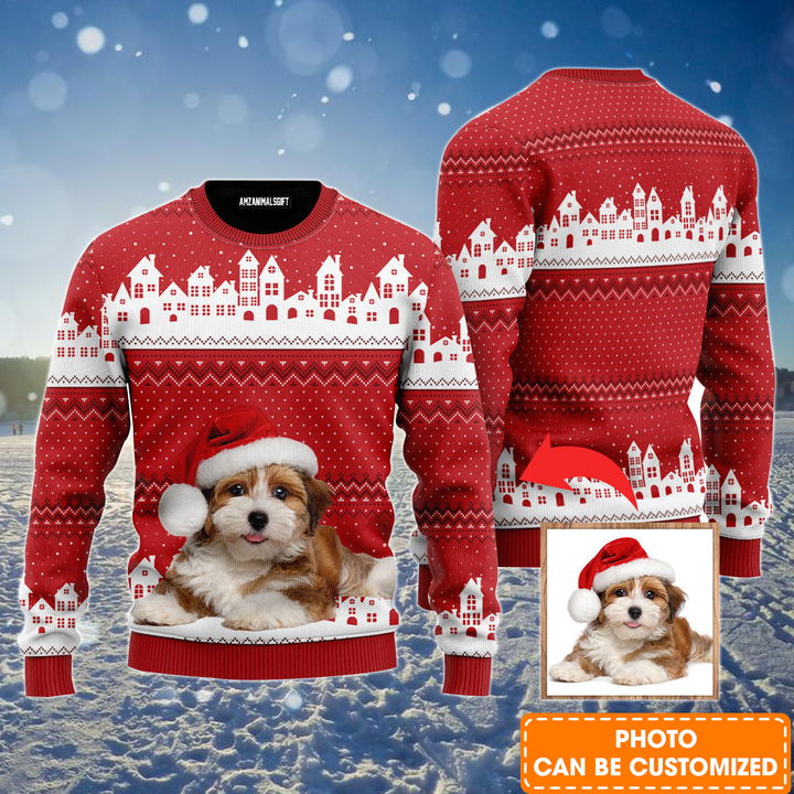 Personalized Photo Ugly Sweater, Funny Christmas House Pattern Red Ugly Sweater For Men & Women, Perfect Gift For Christmas, Friends, Family