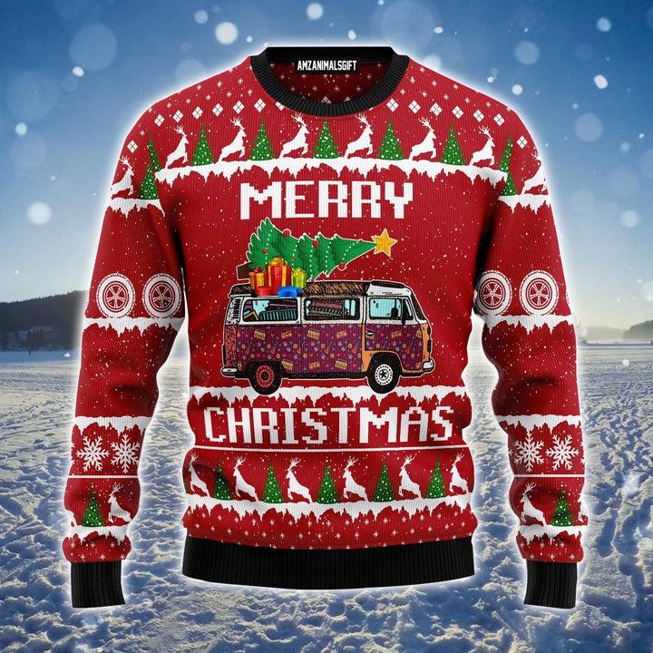 Hippie Car Ugly Sweater, Christmas Pattern Red Ugly Sweater For Men & Women, Perfect Gift For Christmas, Friends, Family