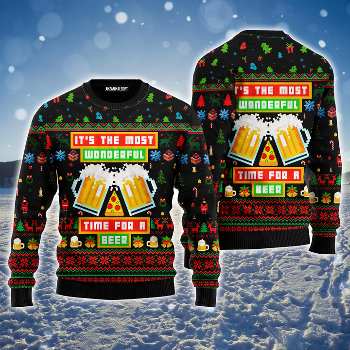 Beer Ugly Sweater, Beer Pixel Pattern It's Time For A Beer Christmas Ugly Sweater For Men & Women, Perfect Gift For Beer Lover, Friends, Family