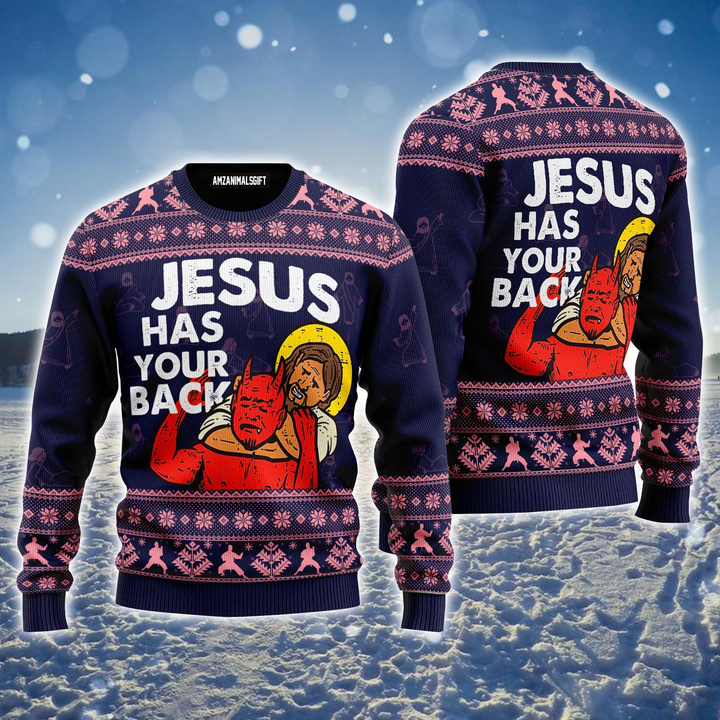 Jesus Ugly Sweater, Funny Jesus Has Your Back Satan Ugly Sweater For Men & Women, Perfect Gift For Christmas, Friends, Family