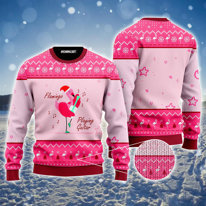 Flamingo Ugly Sweater, Funny Flamingo Playing Guitar Christmas Pink Ugly Sweater For Men & Women, Perfect Gift For Christmas, Friends, Family