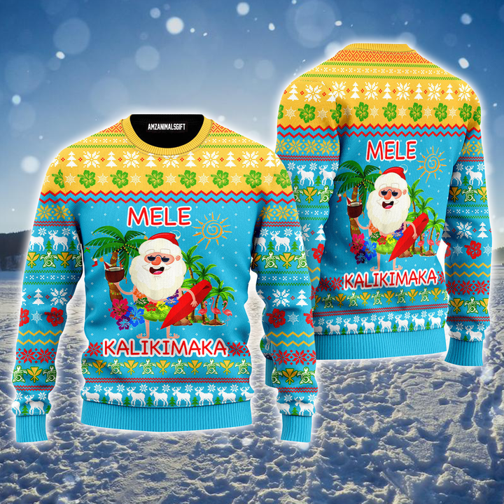 Hawaiian Santa Ugly Sweater, Mele Kalikimaka Ugly Sweater, Funny Hawaiian Santa Claus Blue Ugly Sweater For Men & Women, Perfect Gift For Christmas, Family