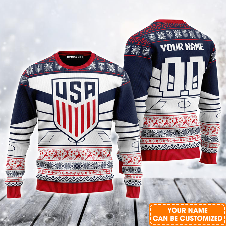 Personalized Name Football Ugly Sweater, USA Football Cup Champion Ugly Sweater For Men & Women, Perfect Gift For Football Lovers, Friends, Family