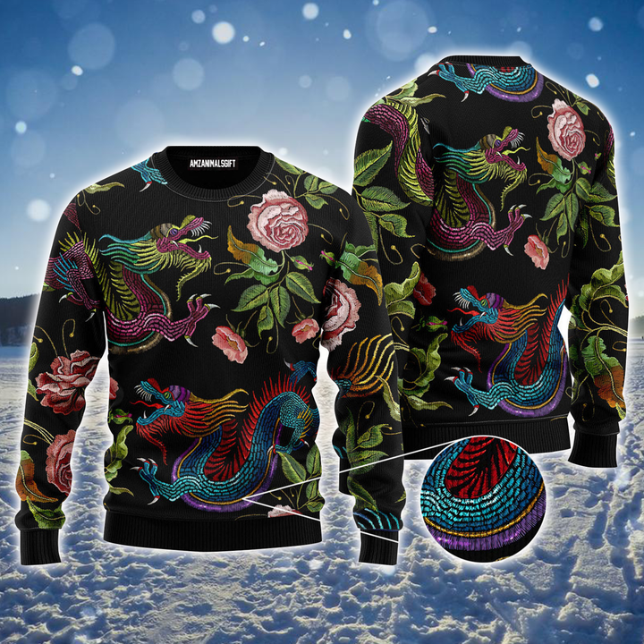 Asian Dragons Ugly Sweater, Dragons Flower Pattern Pullover Ugly Sweater For Men & Women, Perfect Gift For Dragon Lover, Friends, Family