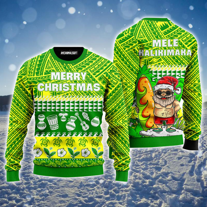 Santa Surf Ugly Sweater, Merry Christmas Funny Hawaii Pattern Ugly Sweater, Green & Yellow Sweater For Men & Women, Perfect Gift For Christmas, Friends, Family