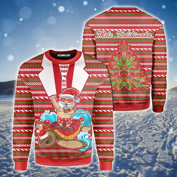 Hawaiian Santa Ugly Sweater, Santa & Sea Turtle Ugly Sweater, Funny Hawaiian Santa Claus Mele Kalikimaka Red Ugly Sweater For Men & Women