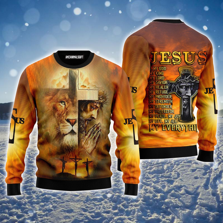 Jesus Ugly Sweater, Jesus Is My God Ugly Sweater, Lion & Cross Sweater For Men & Women, Perfect Gift For Christian, Friends, Family