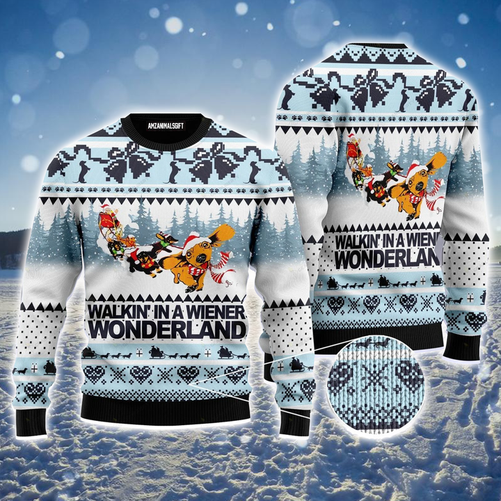 Dog Ugly Sweater, Walkin' In A Wiener Wonderland Ugly Sweater For Men & Women, Perfect Gift For Dog Lover, Friends, Family