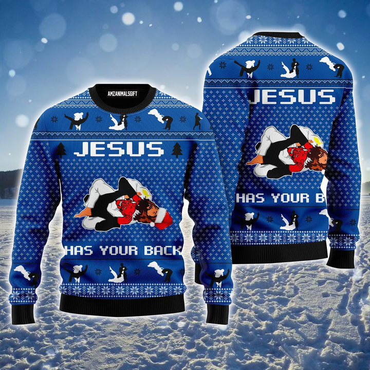 Jesus Ugly Sweater, Jesus & Satan Funny Ugly Sweater, Jesus Has Your Back Jiu Jitsu Sweater For Men & Women, Perfect Gift For Jiu Jitsu Lover, Friends, Family