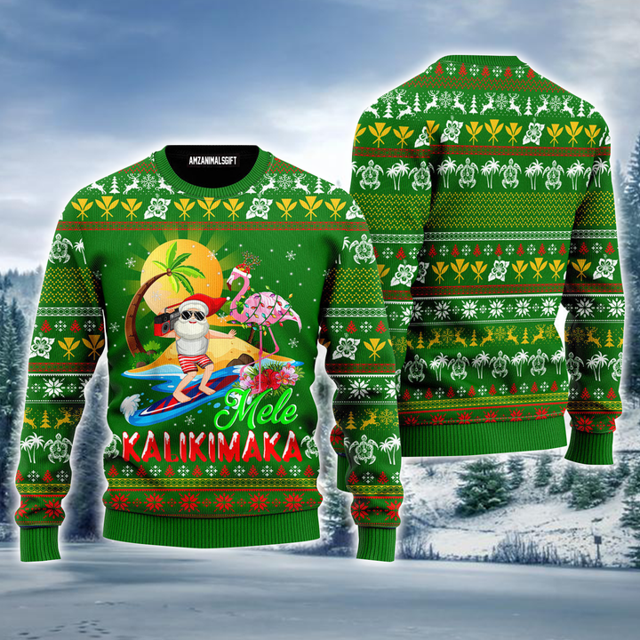 Santa Surf Ugly Sweater, Funny Flamingo Hawaii Santa Mele Kalikimaka Ugly Sweater For Men & Women, Perfect Gift For Christmas, Friends, Family