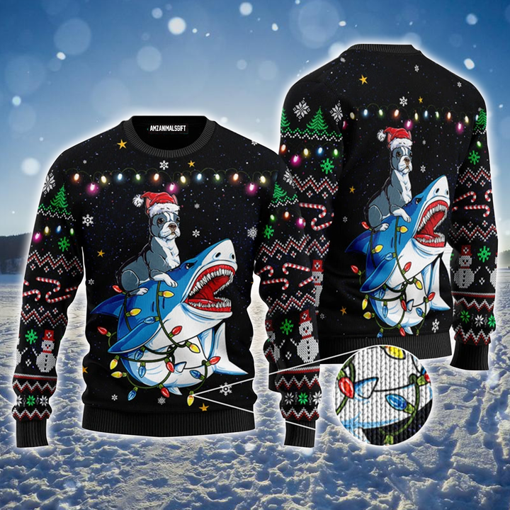 Boston Terrier Ugly Sweater, Shark & Boston Terrier Funny Ugly Christmas Ugly Sweater For Men & Women, Perfect Gift For Boston Terrier Lover Friends, Family