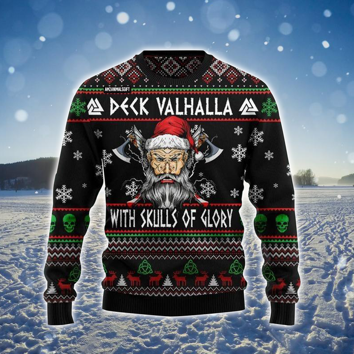 Viking Ugly Sweater, Viking Deck Vahalla With Skulls Of Glory Ugly Sweater For Men & Women, Perfect Gift For Christmas, Friends, Family