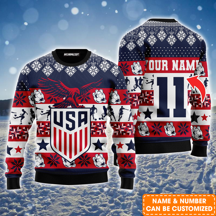 Personalized Name Football Ugly Sweater, USA Champion Cup Footbal Ugly Sweater For Men & Women, Perfect Gift For Football Lovers, Friends, Family