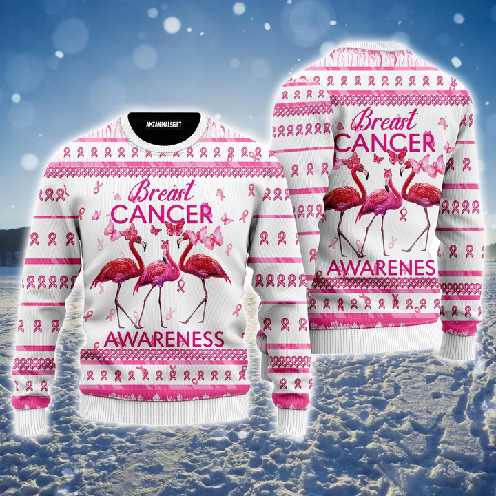 Flamingo Ugly Sweater, Flamingo Breast Cancer Awareness Ugly Sweater For Men & Women, Perfect Gift For Christmas, Friends, Family