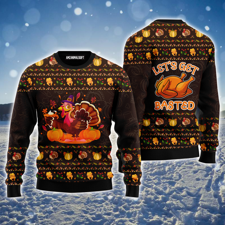 Thanksgiving Ugly Sweater, Lets Get Basted Turkey Ugly Sweater, Funny Chicken Pattern Brown Sweater For Men & Women, Perfect Gift For Friends, Family