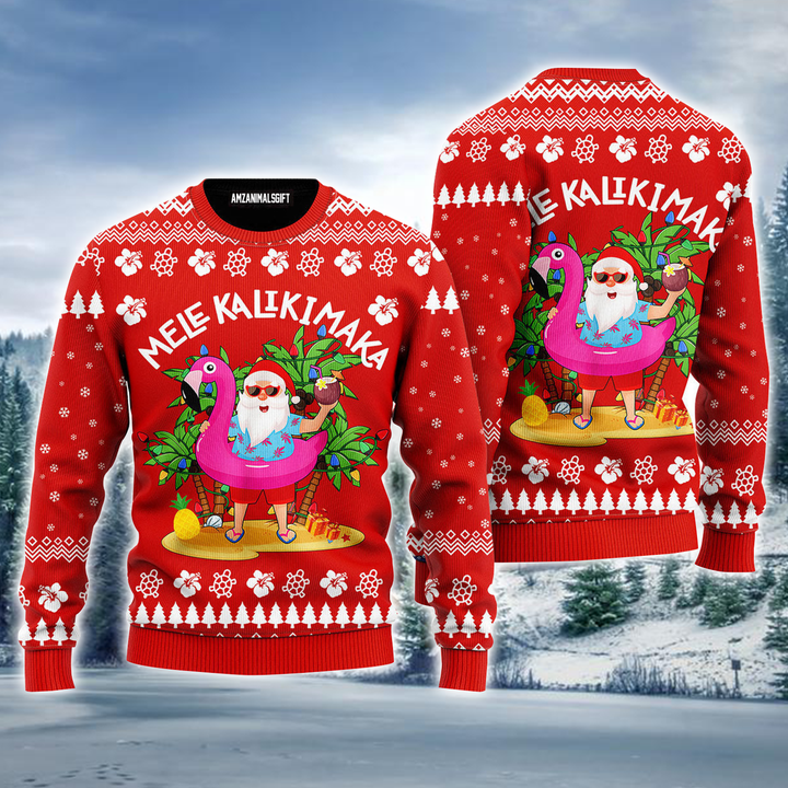 Hawaiian Santa Ugly Sweater, Mele Kalikimaka Ugly Sweater, Funny Hawaiian Santa Claus Red Ugly Sweater For Men & Women, Perfect Gift For Christmas, Family