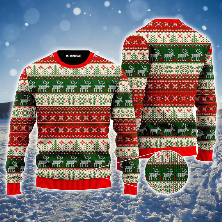 Reindeer Pattern Ugly Sweater, Vintage Tacky Christmas Ugly Sweater For Men & Women, Perfect Gift For Christmas, Friends, Family