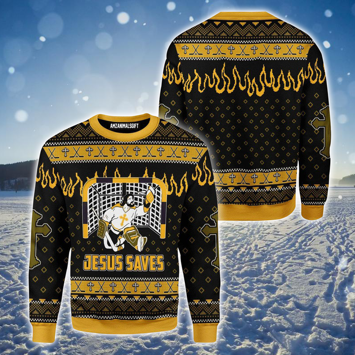 Jesus Ugly Sweater, Jesus & Hockey Ugly Sweater, Jesus Saved Funny Sweater For Men & Women, Perfect Gift For Hockey Lover, Friends, Family