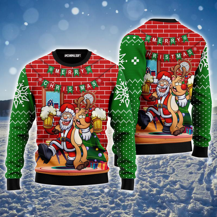 Santa Claus Ugly Sweater, Funny Santa Drink Beer With Reindeer Ugly Sweater For Men & Women, Perfect Gift For Christmas, Friends, Family