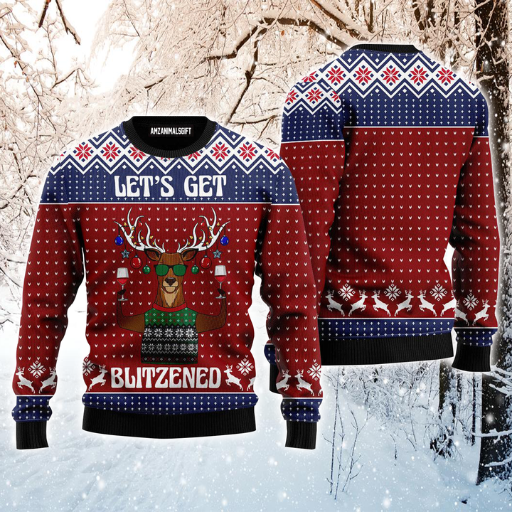 Reindeer Ugly Sweater, Lets Get Blitzened Ugly Sweater, Funny Reindeer Pattern Brown Sweater For Men & Women, Perfect Gift For Christmas, Friends, Family