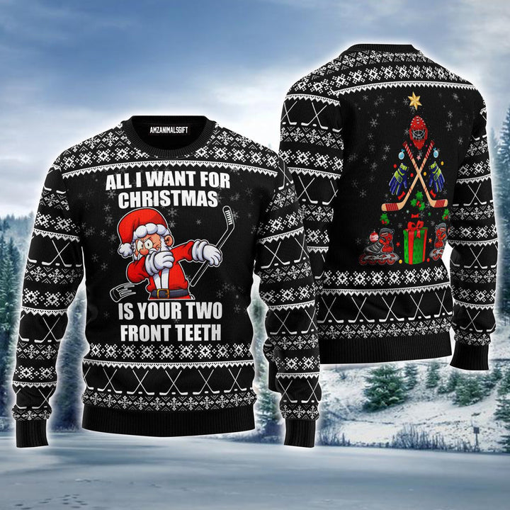 Santa Claus Ugly Christmas Sweater, Santa Plays Hockey Christmas Pattern Ugly Sweater For Men & Women - Perfect Gift For Christmas, Hockey Lovers