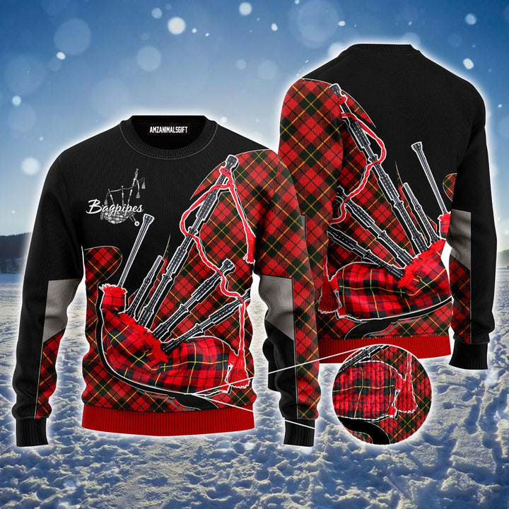 Bagpipes Music Ugly Sweater, Christmas Ugly Sweater, Red & Black Plaid Pattern Ugly Sweater For Men & Women - Perfect Gift For Music Lovers, Christmas