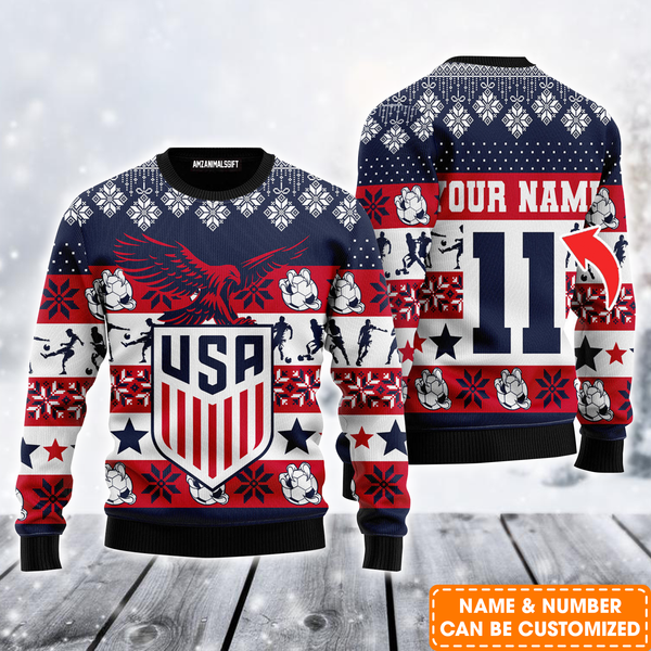 Personalized Name Football Ugly Sweater, USA Champion Cup Footbal Ugly Sweater For Men & Women, Perfect Gift For Football Lovers, Friends, Family