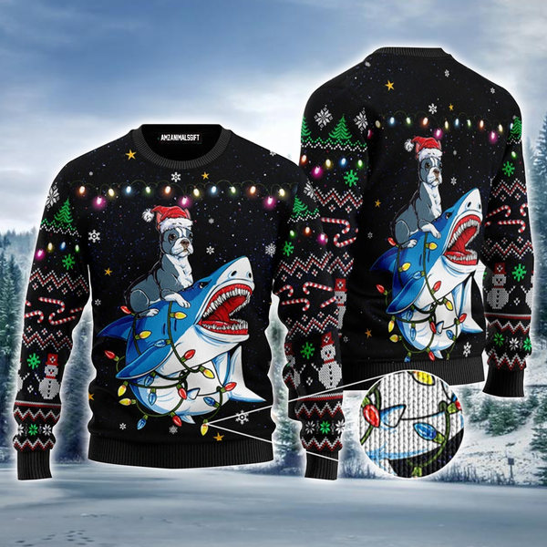 Boston Terrier Ugly Sweater, Shark & Boston Terrier Funny Ugly Christmas Ugly Sweater For Men & Women, Perfect Gift For Boston Terrier Lover Friends, Family